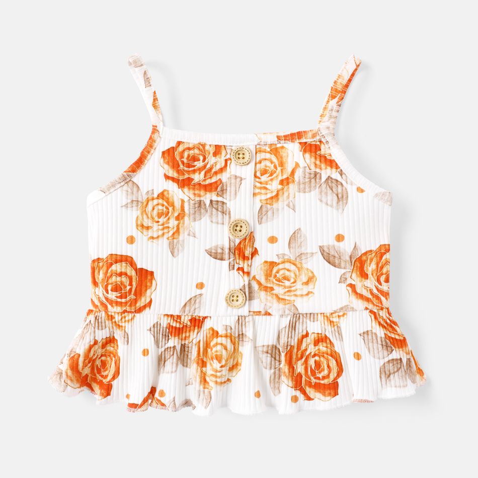 Baby Girl Button Front Solid or Floral Print Cotton Ribbed Ruffle Hem Cami Top White big image 1