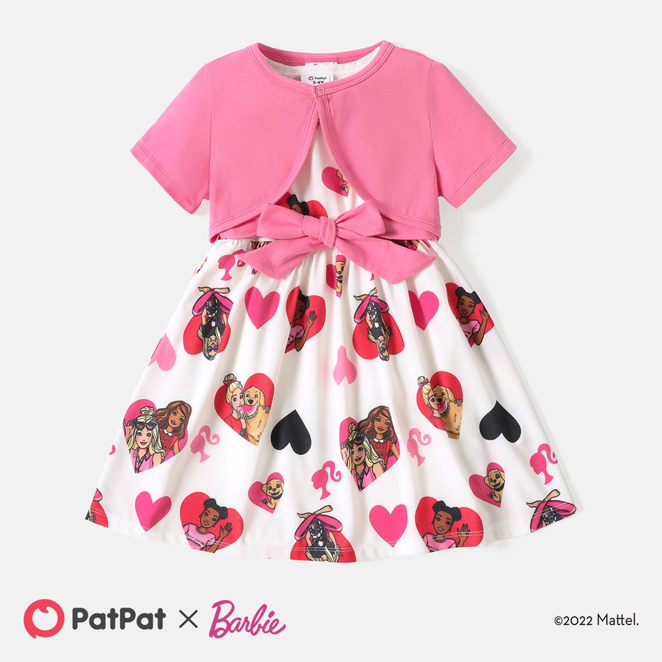 Barbie 2pcs Toddler Girl Valentine's Day Heart Print Belted Sleeveless Dress and Cotton Cardigan Set PinkyWhite big image 1