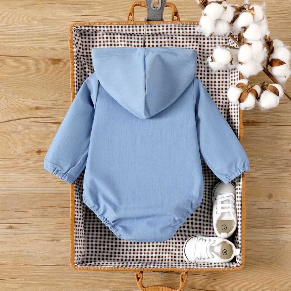 Baby Boy/Girl Solid Imitation Denim Long-sleeve Hooded Romper Blue big image 2