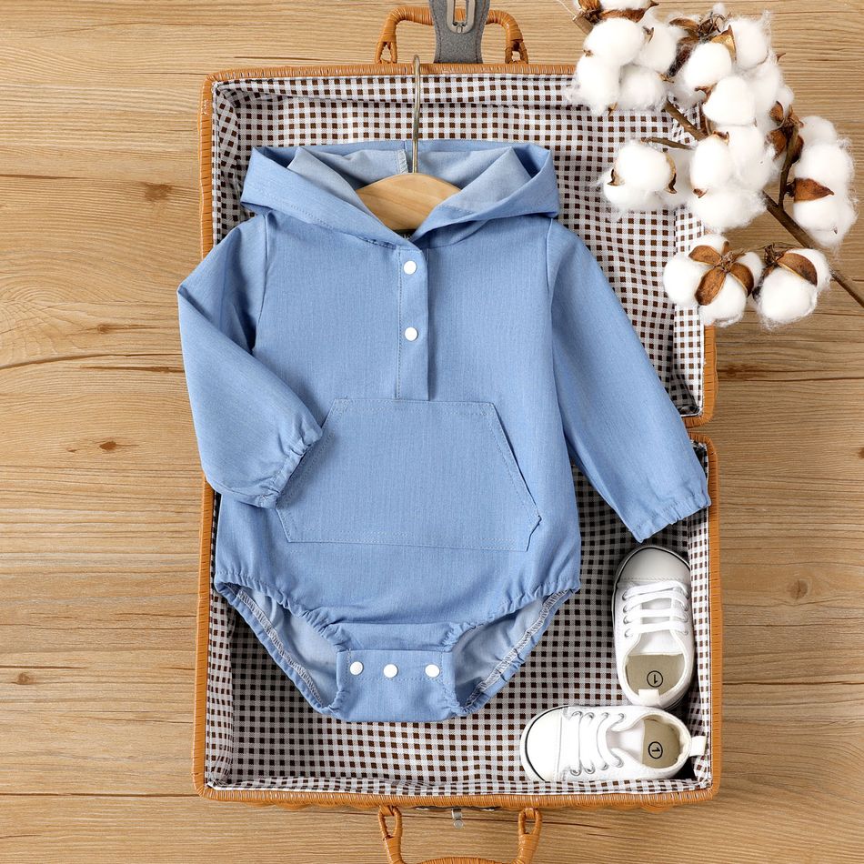 Baby Boy/Girl Solid Imitation Denim Long-sleeve Hooded Romper Blue big image 1
