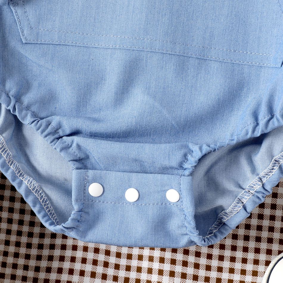 Baby Boy/Girl Solid Imitation Denim Long-sleeve Hooded Romper Blue big image 5