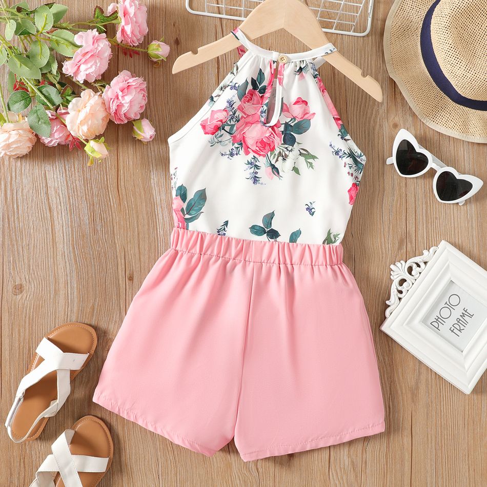 2pcs Kid Girl Floral Print Halter Tee and Button Design Elasticized Shorts Set Pink big image 5