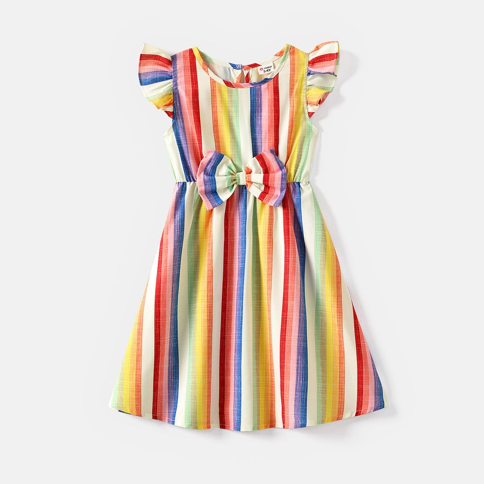 Family Matching Cotton Short-sleeve T-shirts and Colorful Striped Flutter-sleeve Dresses Sets Colorful big image 6