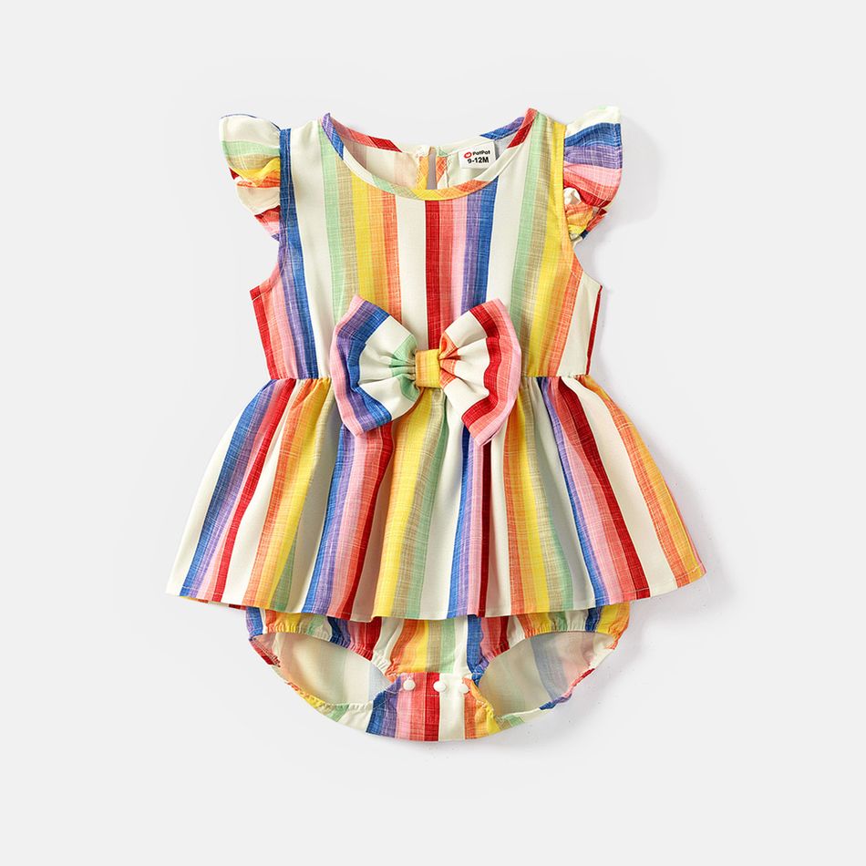 Family Matching Cotton Short-sleeve T-shirts and Colorful Striped Flutter-sleeve Dresses Sets Colorful big image 10