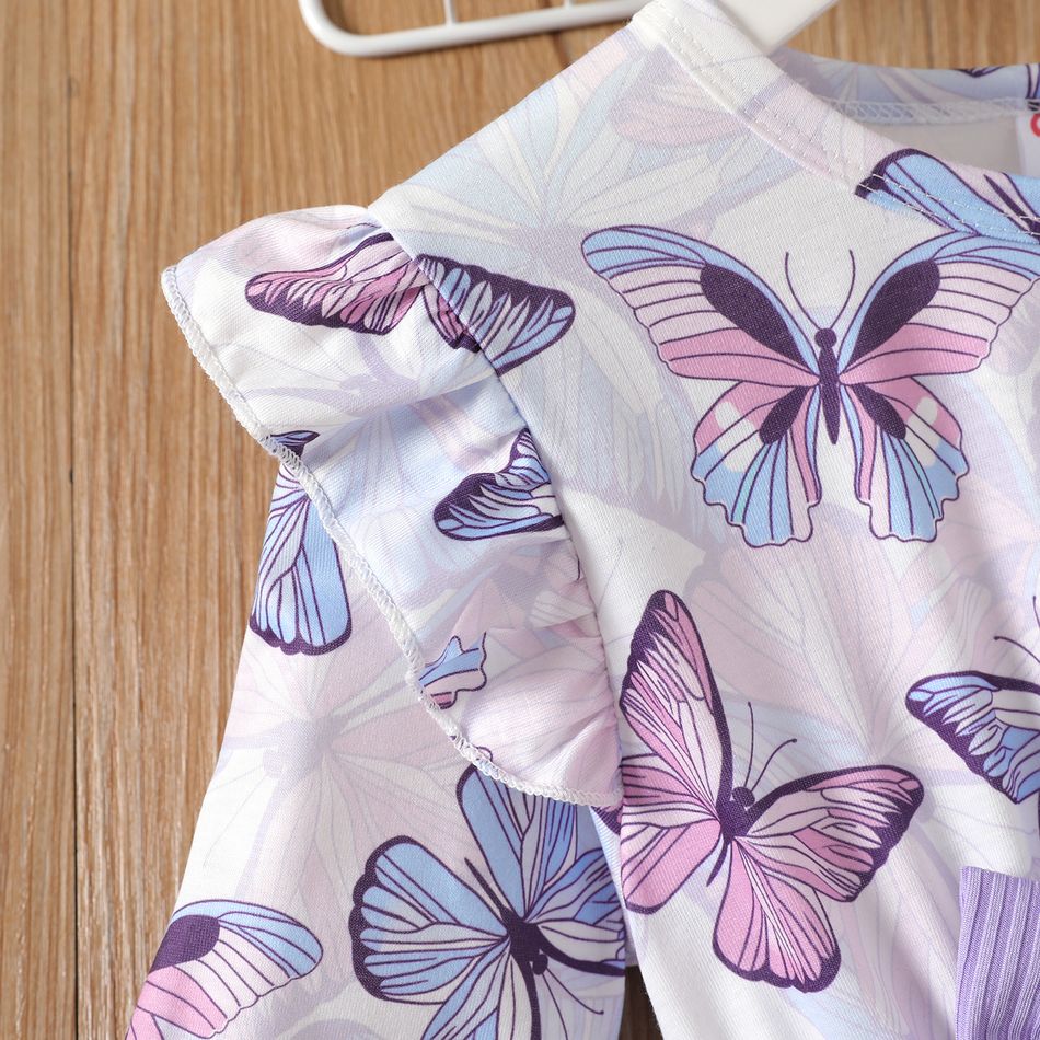 2pcs Kid Girl Butterfly/Floral Print Irregular Hem 3D Bowknot Tee and Ribbed Leggings Set Purple big image 4