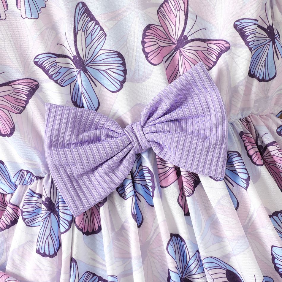 2pcs Kid Girl Butterfly/Floral Print Irregular Hem 3D Bowknot Tee and Ribbed Leggings Set Purple big image 5