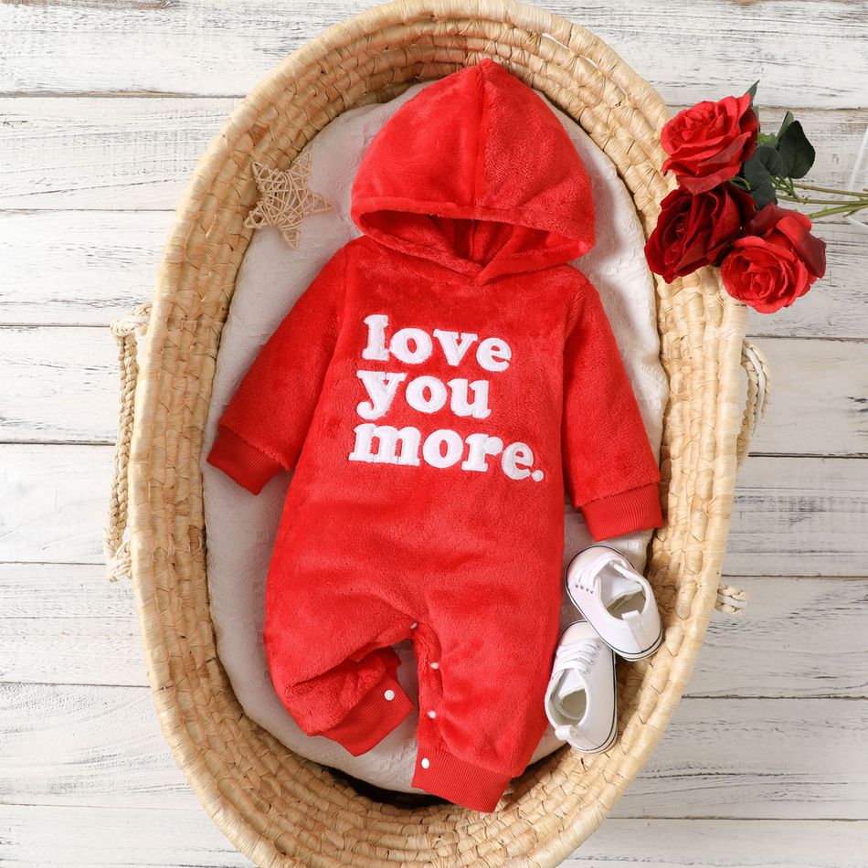Baby Boy/Girl Letter Embroidered Red Thickened Fuzzy Fleece Hooded Long-sleeve Jumpsuit Red
