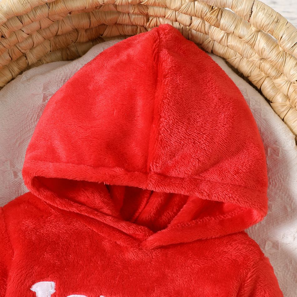 Baby Boy/Girl Letter Embroidered Red Thickened Fuzzy Fleece Hooded Long-sleeve Jumpsuit Red big image 3