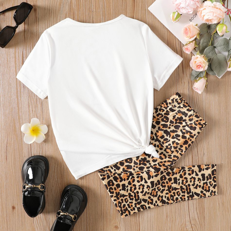 2pcs Kid Girl Face Graphic Short-sleeve Tee and Leopard Print Leggings Set White