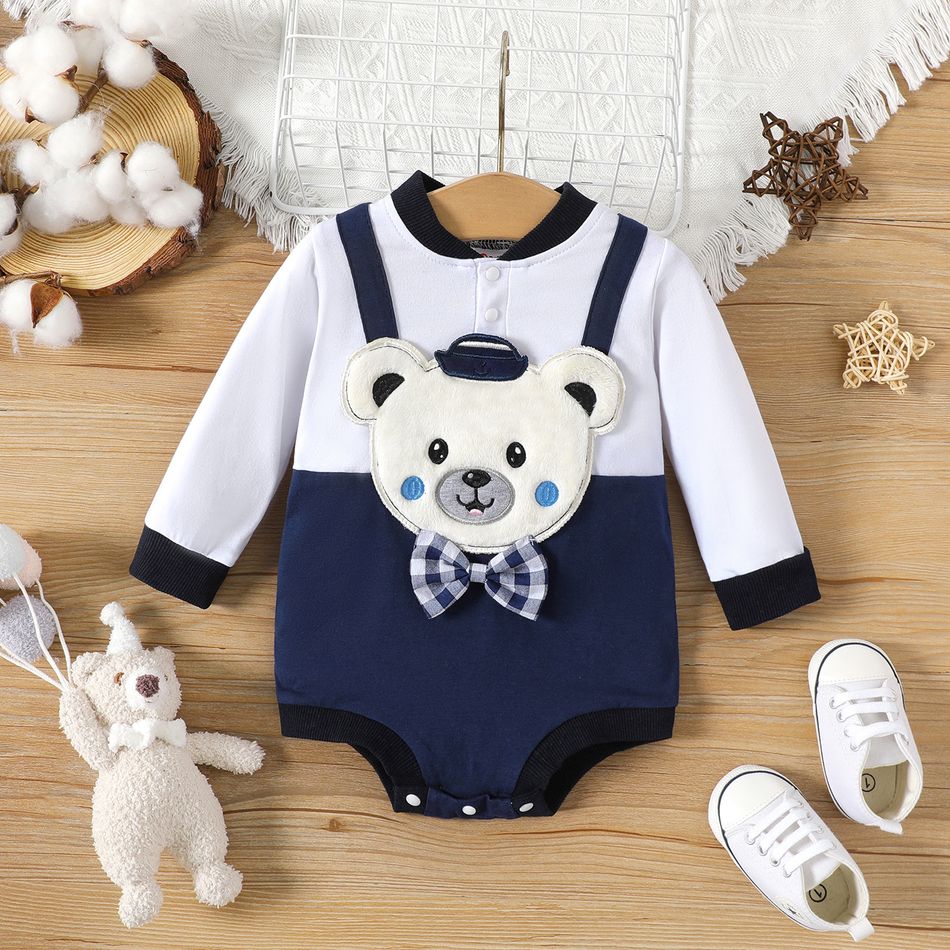 Baby Boy 95% Cotton Long-sleeve Bear Graphic Solid Spliced Romper Dark Blue/white big image 1