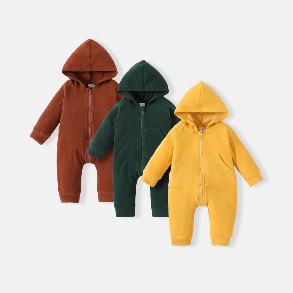 Baby Boy/Girl Solid Hooded Long-sleeve Zipper Jumpsuit Brown big image 2