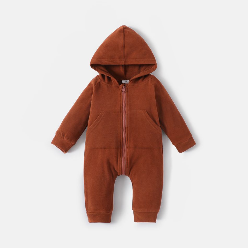 Baby Boy/Girl Solid Hooded Long-sleeve Zipper Jumpsuit Brown