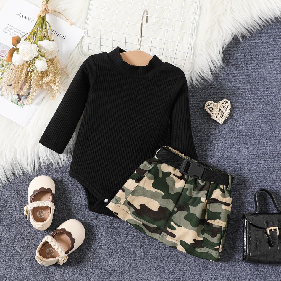 3pcs Baby Girl 95% Cotton Ribbed Mock Neck Long-sleeve Romper and Camouflage Skirt with Belt Set Black big image 2