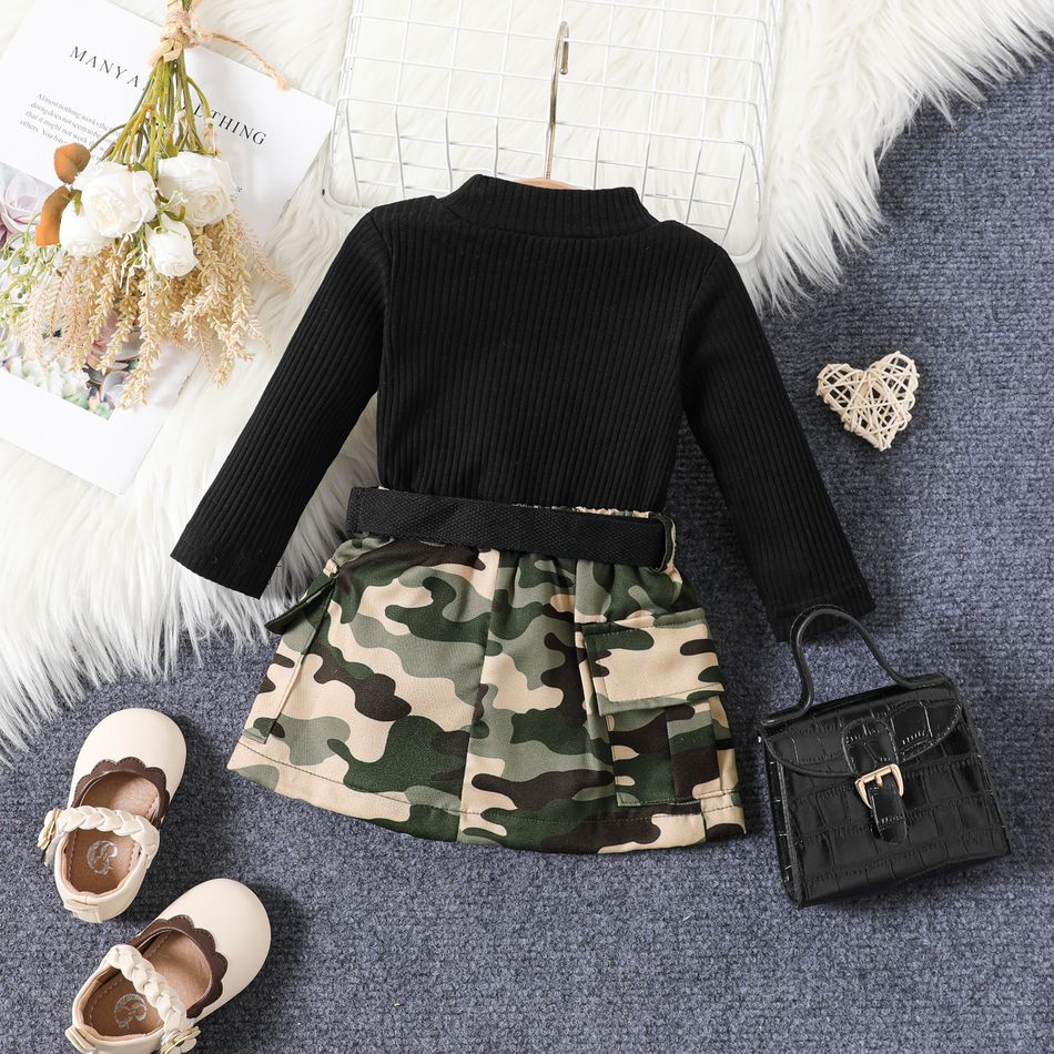 3pcs Baby Girl 95% Cotton Ribbed Mock Neck Long-sleeve Romper and Camouflage Skirt with Belt Set Black big image 3