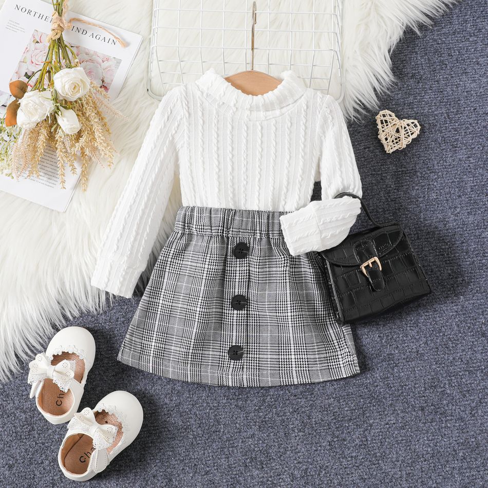 2pcs Baby Girl Solid Imitation Knitting Turtleneck Long-sleeve Top and Plaid Skirt Set White big image 1