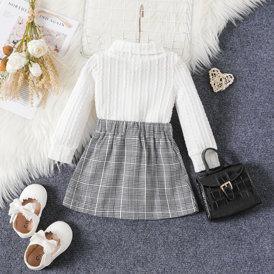 2pcs Baby Girl Solid Imitation Knitting Turtleneck Long-sleeve Top and Plaid Skirt Set White big image 3