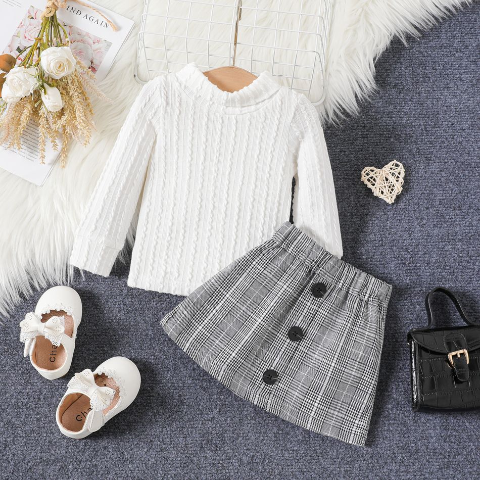 2pcs Baby Girl Solid Imitation Knitting Turtleneck Long-sleeve Top and Plaid Skirt Set White big image 2