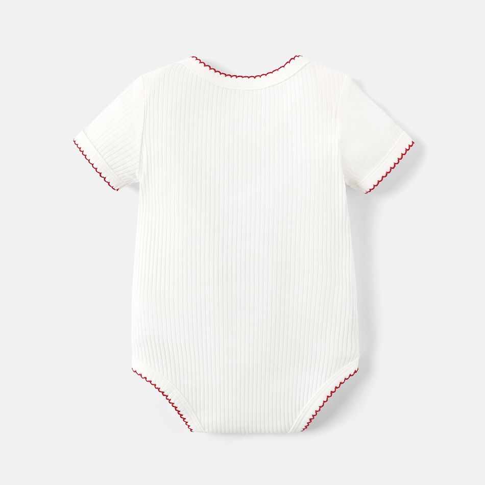 Baby Girl Heart & Letter Embroidered Contrast Scallop Edge Short-sleeve Ribbed Romper White big image 3