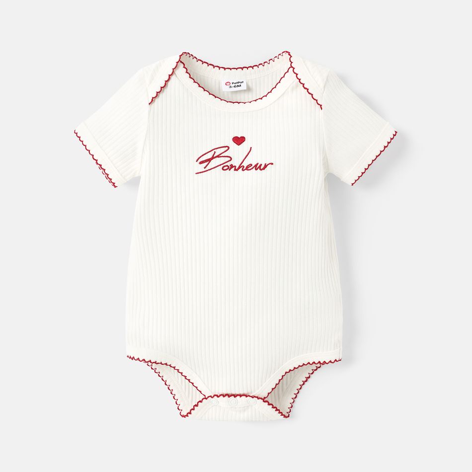 Baby Girl Heart & Letter Embroidered Contrast Scallop Edge Short-sleeve Ribbed Romper White big image 1