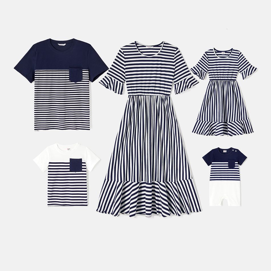 Family Matching Short-sleeve Striped Dresses and Spliced T-shirts Sets BLUEWHITE big image 1