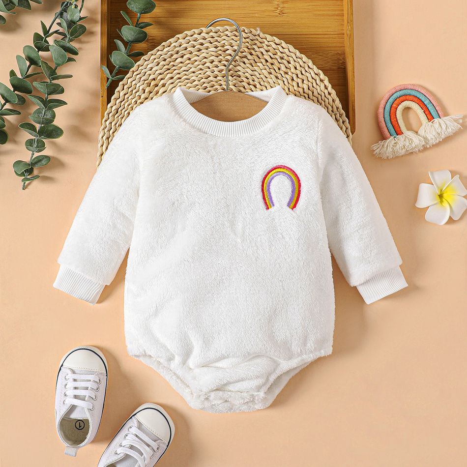 Baby Boy/Girl Rainbow Embroidered Long-sleeve Thermal Fleece Romper White
