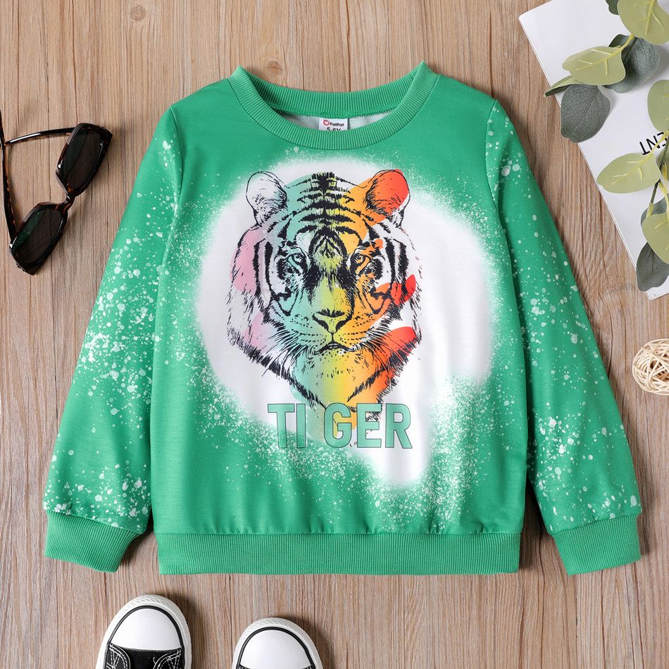 Kid Boy Animal Tiger Print Pullover Sweatshirt Green