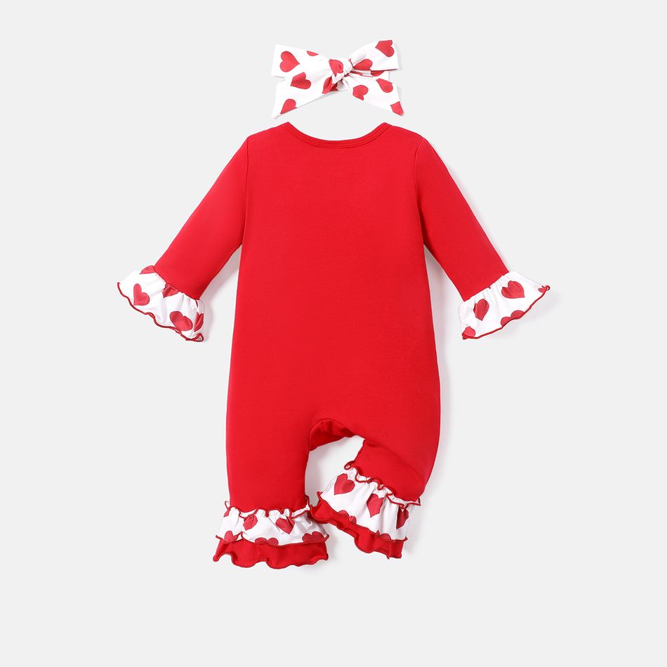 Valentine's Day 2pcs Baby Girl Cotton Letter Graphic Spliced Heart Print Naia Ruffle Trim Long-sleeve Jumpsuit & Headband Set Red big image 2
