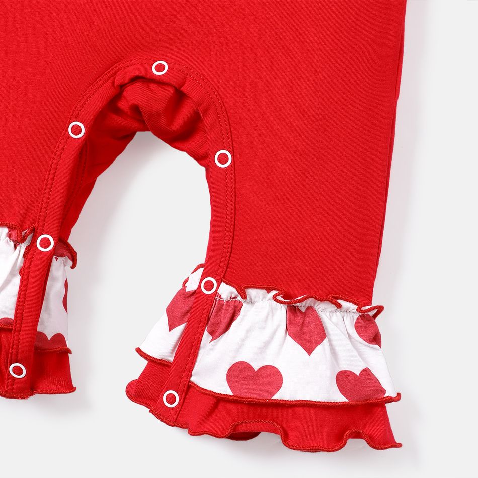 Valentine's Day 2pcs Baby Girl Cotton Letter Graphic Spliced Heart Print Naia Ruffle Trim Long-sleeve Jumpsuit & Headband Set Red big image 4