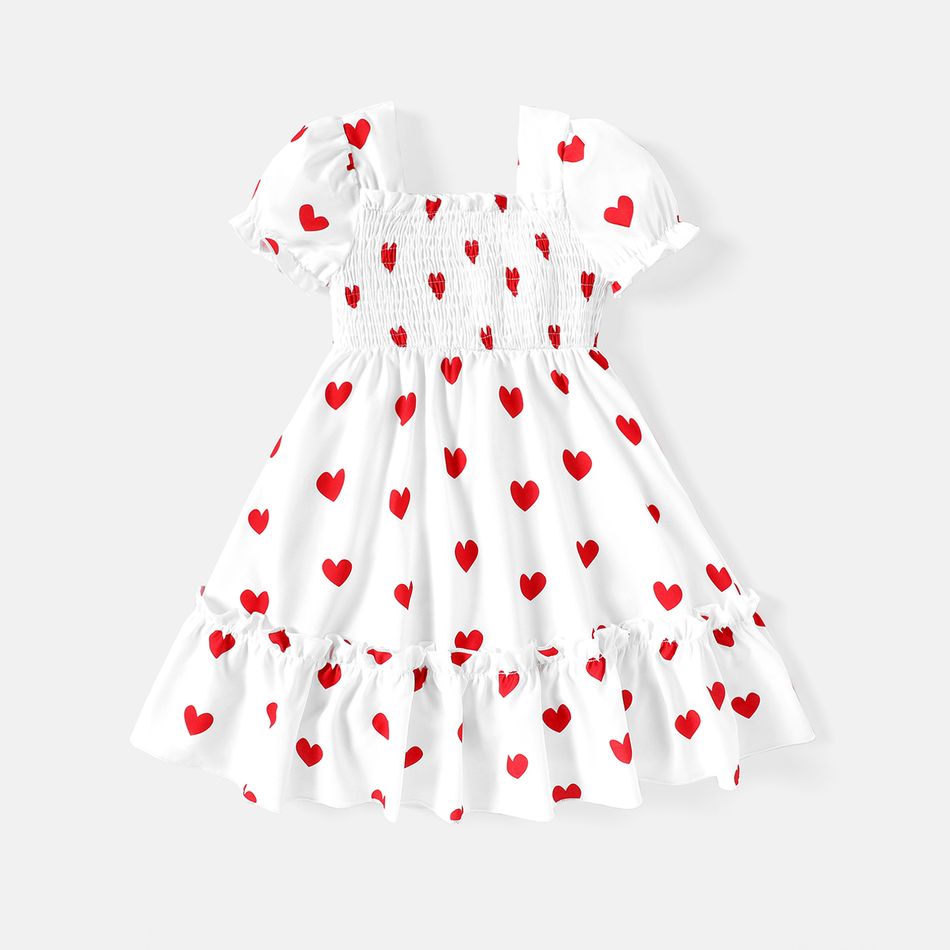 Valentine's Day Toddler Girl Heart Print Smocked Square Neck Short-sleeve Dress White