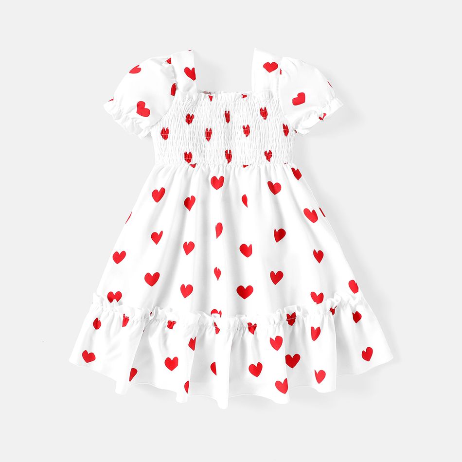 Valentine's Day Toddler Girl Heart Print Smocked Square Neck Short-sleeve Dress White big image 2