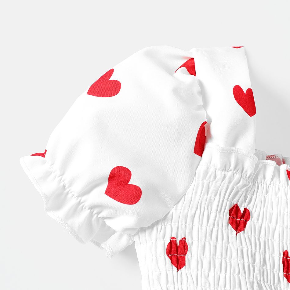 Valentine's Day Toddler Girl Heart Print Smocked Square Neck Short-sleeve Dress White big image 4