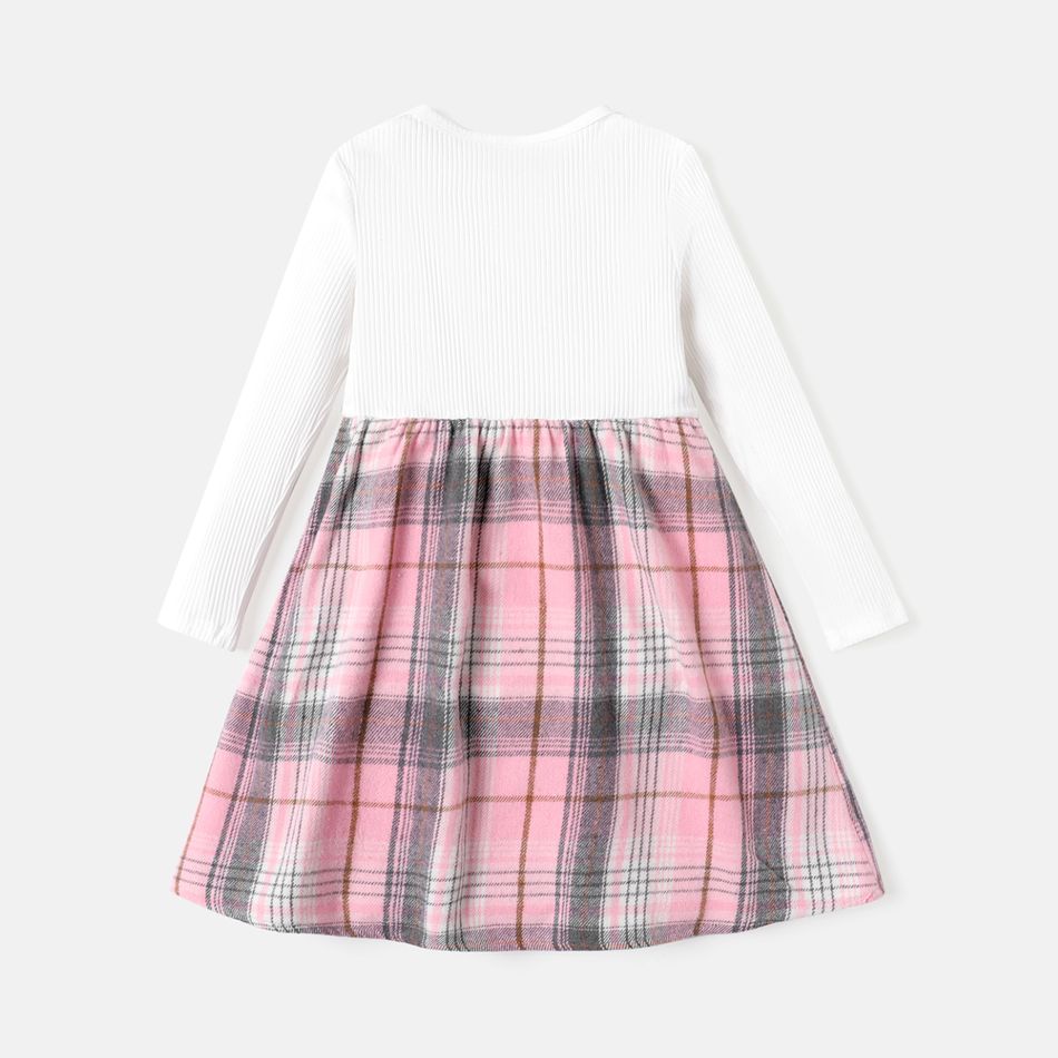 Kid Girl 3D Bowknot Design Pleated Plaid Splice Long-sleeve Dress ColorBlock big image 2
