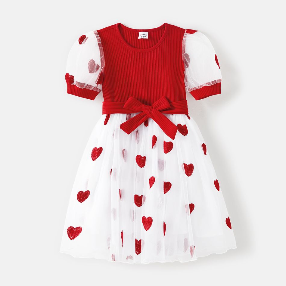 Family Matching Short-sleeve Cotton Ribbed Colorblock T-shirts and Allover Heart Embroidered Mesh Spliced Dresses Sets Red big image 8