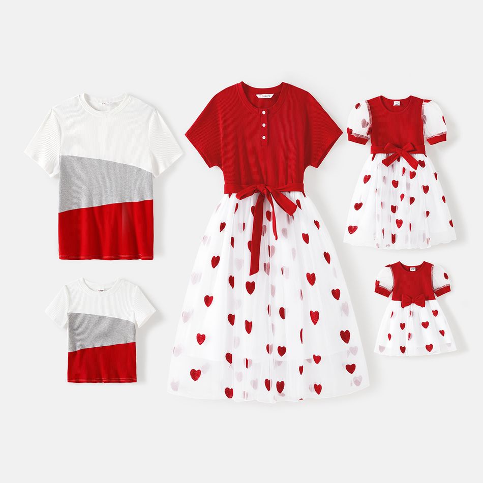 Family Matching Short-sleeve Cotton Ribbed Colorblock T-shirts and Allover Heart Embroidered Mesh Spliced Dresses Sets Red big image 1
