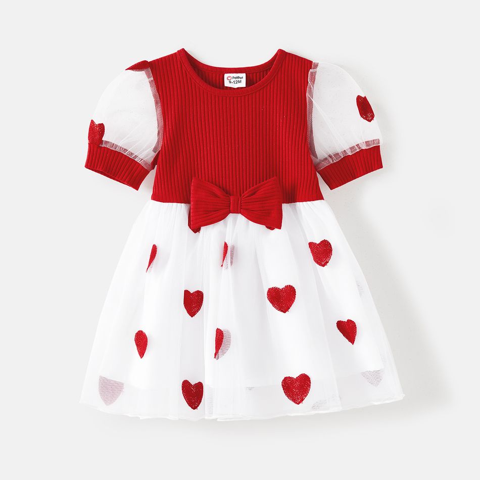 Valentine's Day Family Matching Short-sleeve Cotton Ribbed Colorblock T-shirts and Allover Heart Embroidered Mesh Spliced Dresses Sets Red big image 15