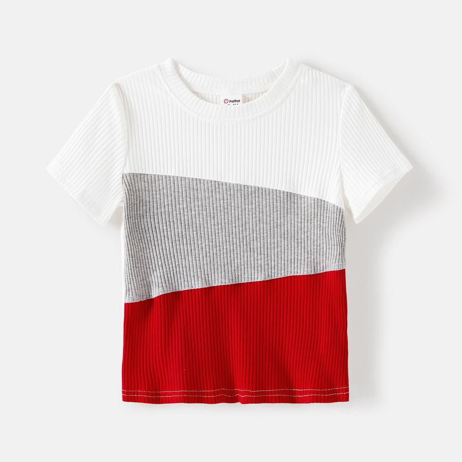 Valentine's Day Family Matching Short-sleeve Cotton Ribbed Colorblock T-shirts and Allover Heart Embroidered Mesh Spliced Dresses Sets Red big image 14