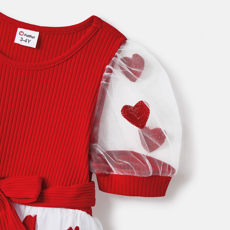 Valentine's Day Family Matching Short-sleeve Cotton Ribbed Colorblock T-shirts and Allover Heart Embroidered Mesh Spliced Dresses Sets Red big image 17