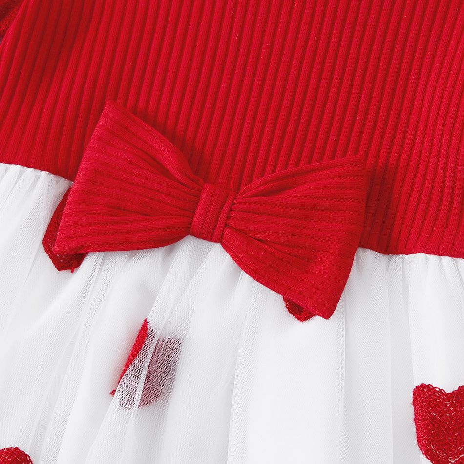 Valentine's Day Family Matching Short-sleeve Cotton Ribbed Colorblock T-shirts and Allover Heart Embroidered Mesh Spliced Dresses Sets Red big image 16