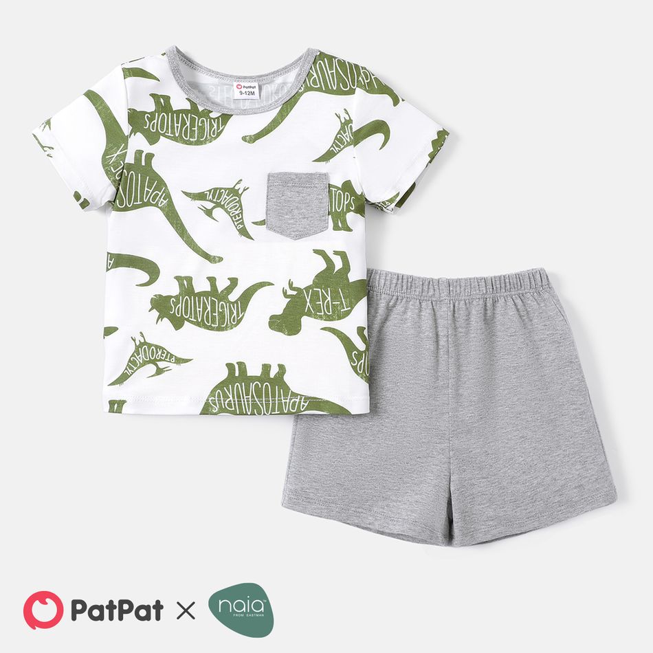 2pcs Baby Boy Dinosaur & Letter Print Short-sleeve Naia™ Tee and Solid Cotton Shorts Set GlossyDarkGreen big image 1