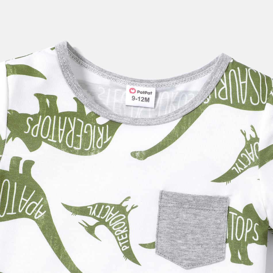 2pcs Baby Boy Dinosaur & Letter Print Short-sleeve Naia™ Tee and Solid Cotton Shorts Set GlossyDarkGreen big image 3