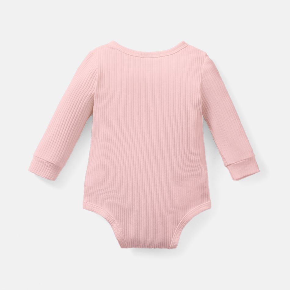 Baby Girl/Boy Cotton Button Design Solid Color Ribbed Long-sleeve Rompers Pink big image 4