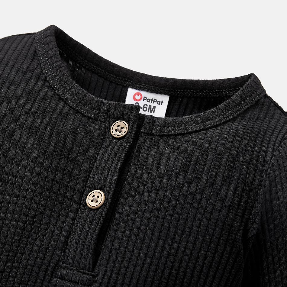 Baby Girl/Boy Cotton Button Design Ribbed Long-sleeve Rompers/ Elasticized Pants Black big image 1