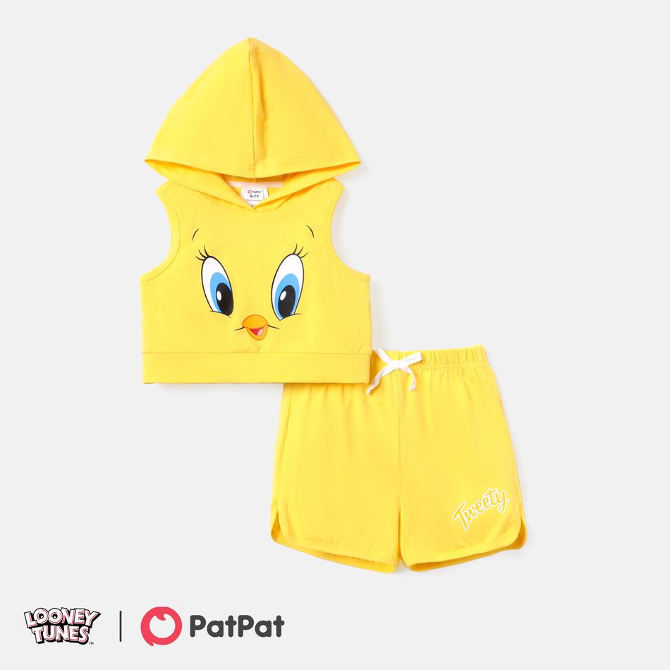 Looney Tunes 2pcs Kid Girl Tweety Sleeveless Cotton Hooded Tee and Elasticized Shorts Set Yellow big image 1