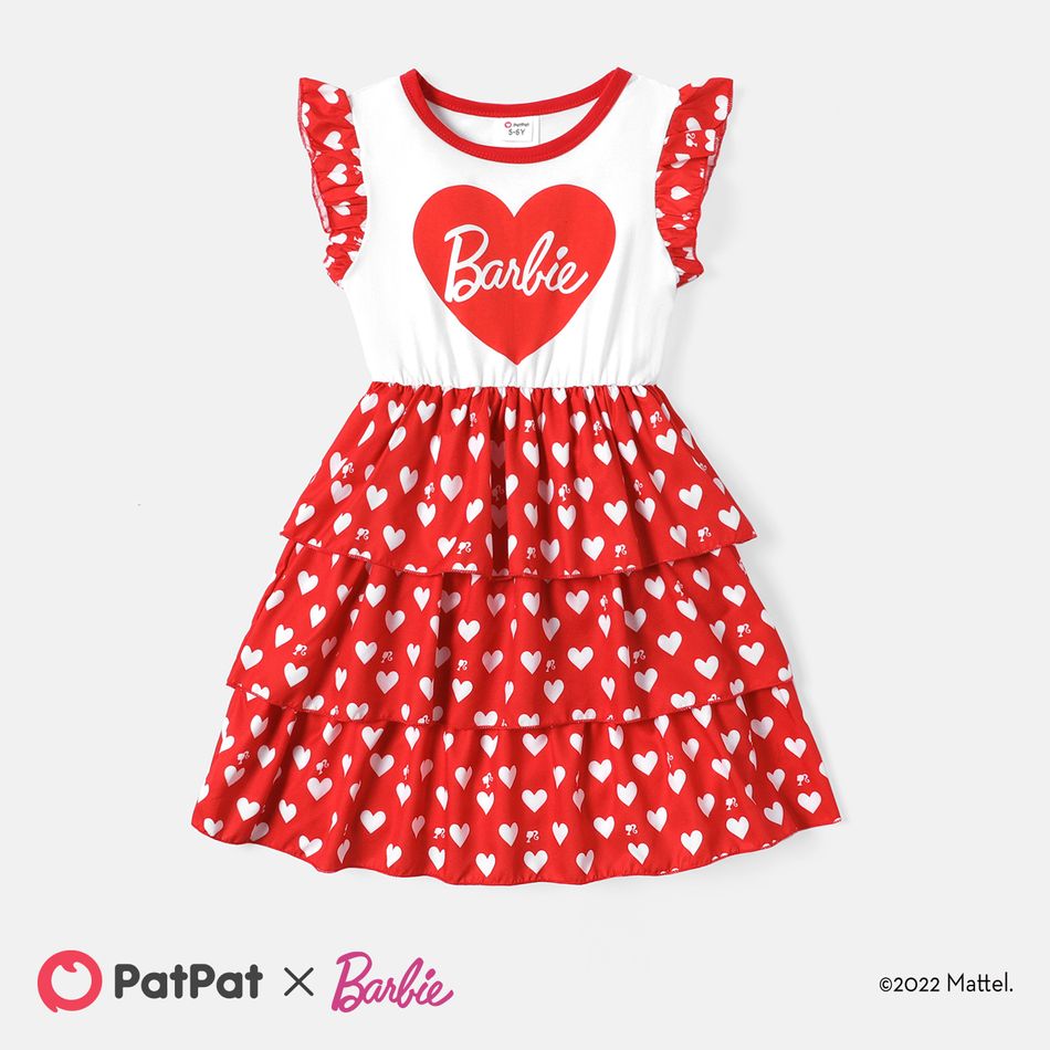 Barbie Kid Girl Mother's Day Heart Print Cotton Layered Flutter-sleeve Dress Red