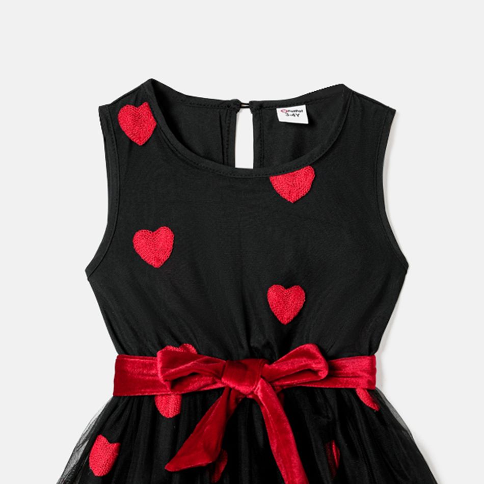Valentine's Day Mommy and Me Allover Heart Embroidered Sleeveless Belted Black Sheer Mesh Dresses Black big image 7