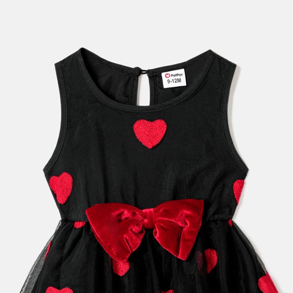 Valentine's Day Mommy and Me Allover Heart Embroidered Sleeveless Belted Black Sheer Mesh Dresses Black big image 10