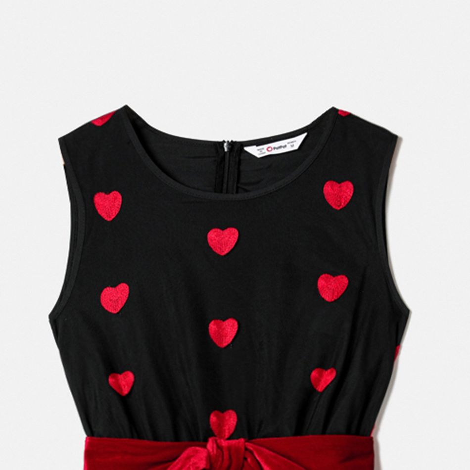 Valentine's Day Mommy and Me Allover Heart Embroidered Sleeveless Belted Black Sheer Mesh Dresses Black big image 3