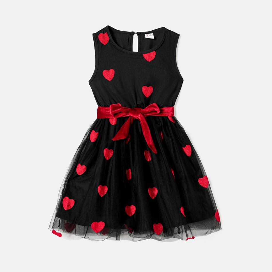 Valentine's Day Mommy and Me Allover Heart Embroidered Sleeveless Belted Black Sheer Mesh Dresses Black big image 6