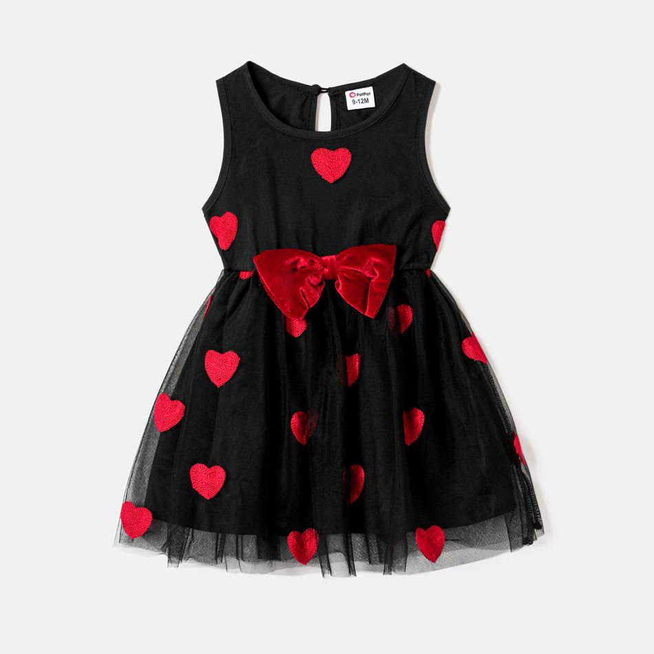 Valentine's Day Mommy and Me Allover Heart Embroidered Sleeveless Belted Black Sheer Mesh Dresses Black big image 9