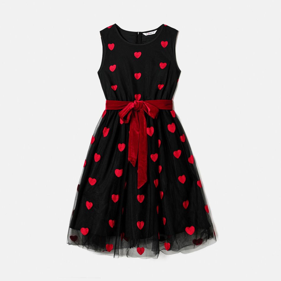Valentine's Day Mommy and Me Allover Heart Embroidered Sleeveless Belted Black Sheer Mesh Dresses Black big image 2